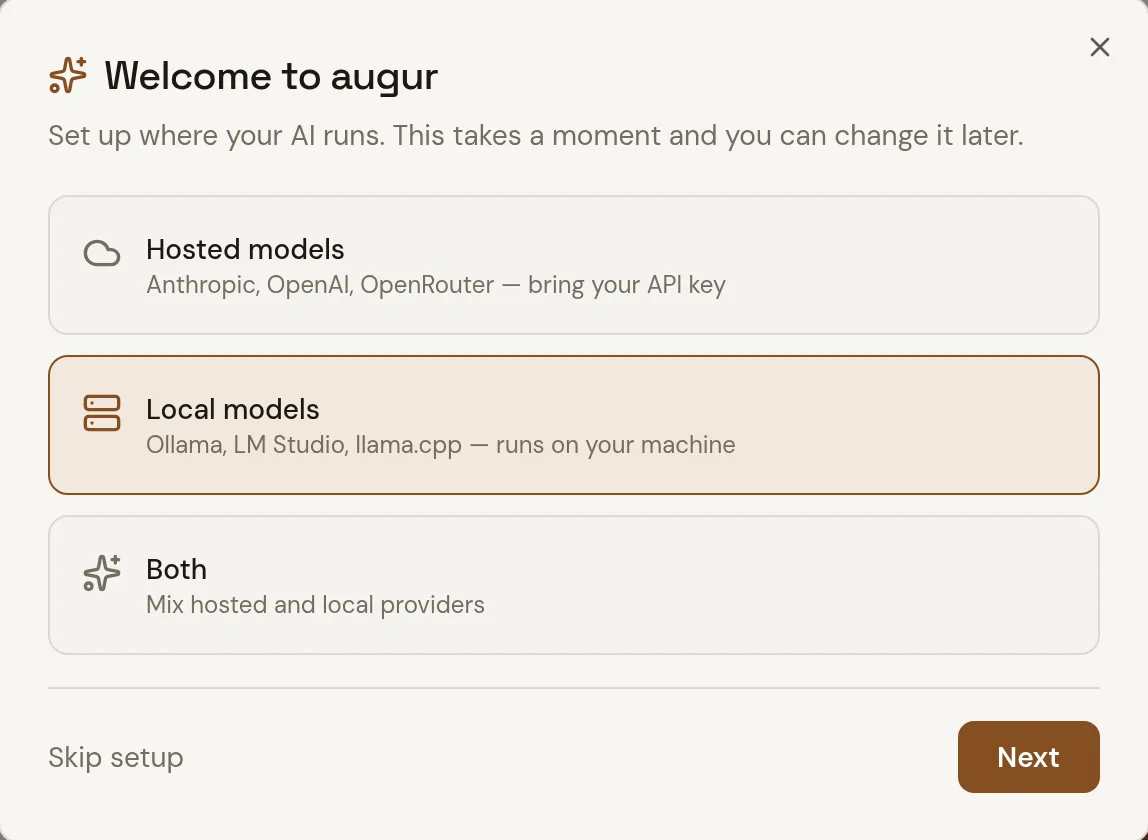 augur's first-run setup: choose hosted models (Anthropic, OpenAI, OpenRouter with your API key), local models (Ollama, LM Studio, llama.cpp) or both.